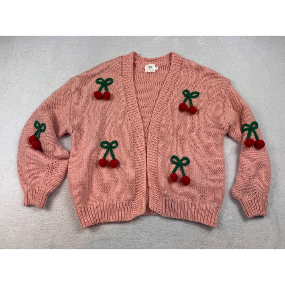 Luna Ivy Pink Cherry Pom Pom Knit Cardigan Sweater CC0635 XS